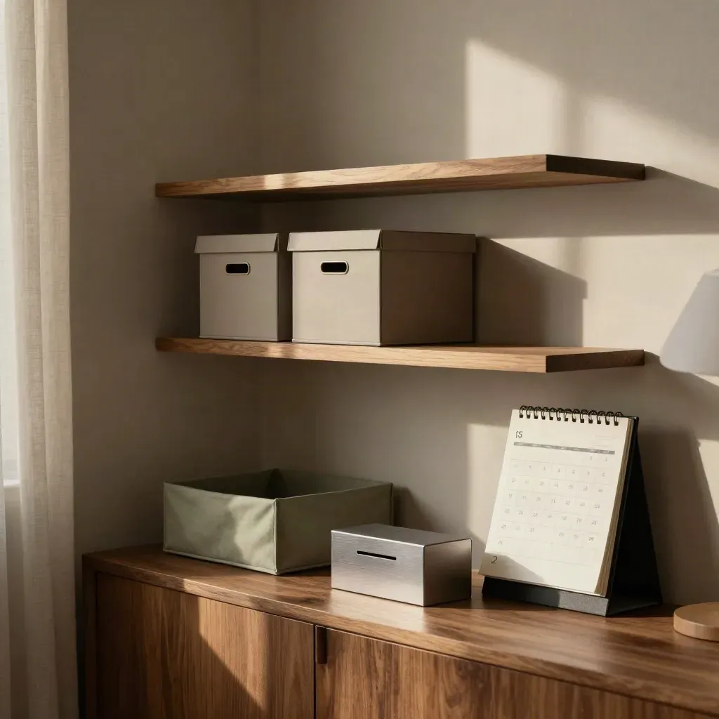 Aufgeräumte Beratungszone mit drei Ablagen, zwei Boxen und Kalenderhalter im warmen Bürolicht.