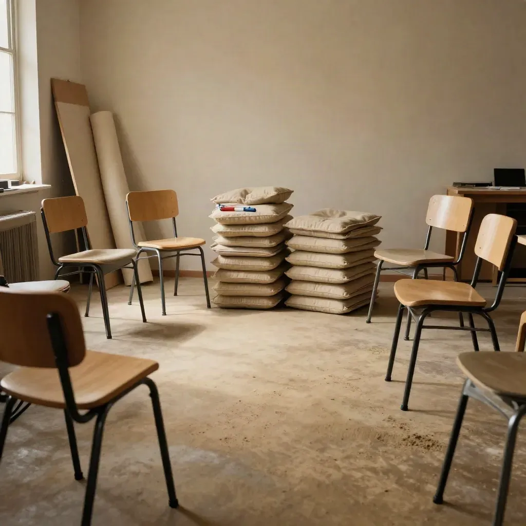 Leerer Workshopraum mit Halbkreisstühlen, Kissenstapeln, Markerkappen und Kreidestaub im warmen Licht.