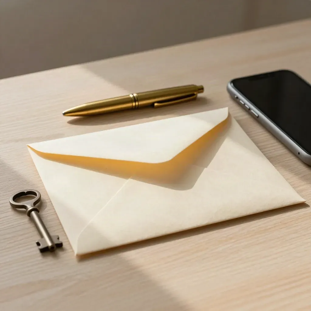Versiegelter Briefumschlag, Messingkappe, kleiner Schlüssel und Handy auf hellem Holz