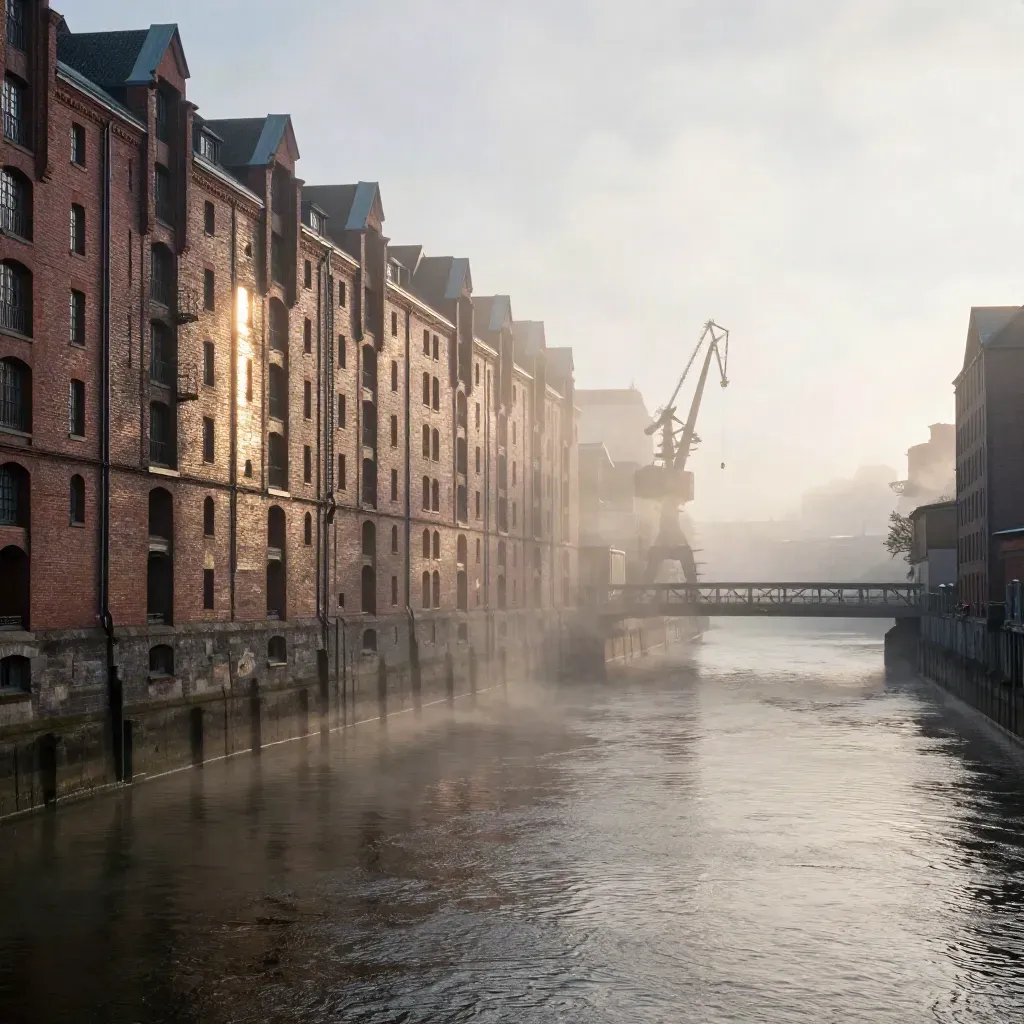 Speicherstadt im Morgennebel mit Hafenkränen und ruhigem Elbwasser