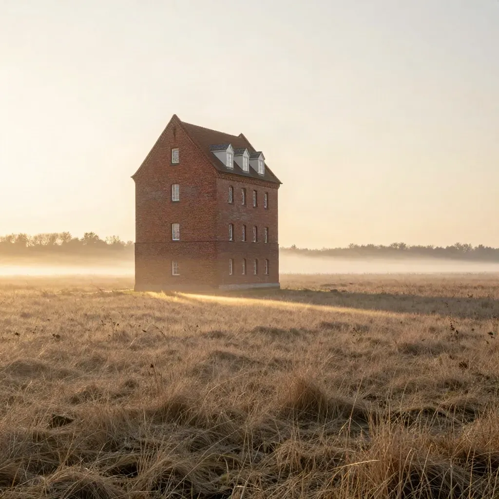 Roter Backsteinturm über breiten Marschwiesen im warmen Morgennebel, ruhig und weit.